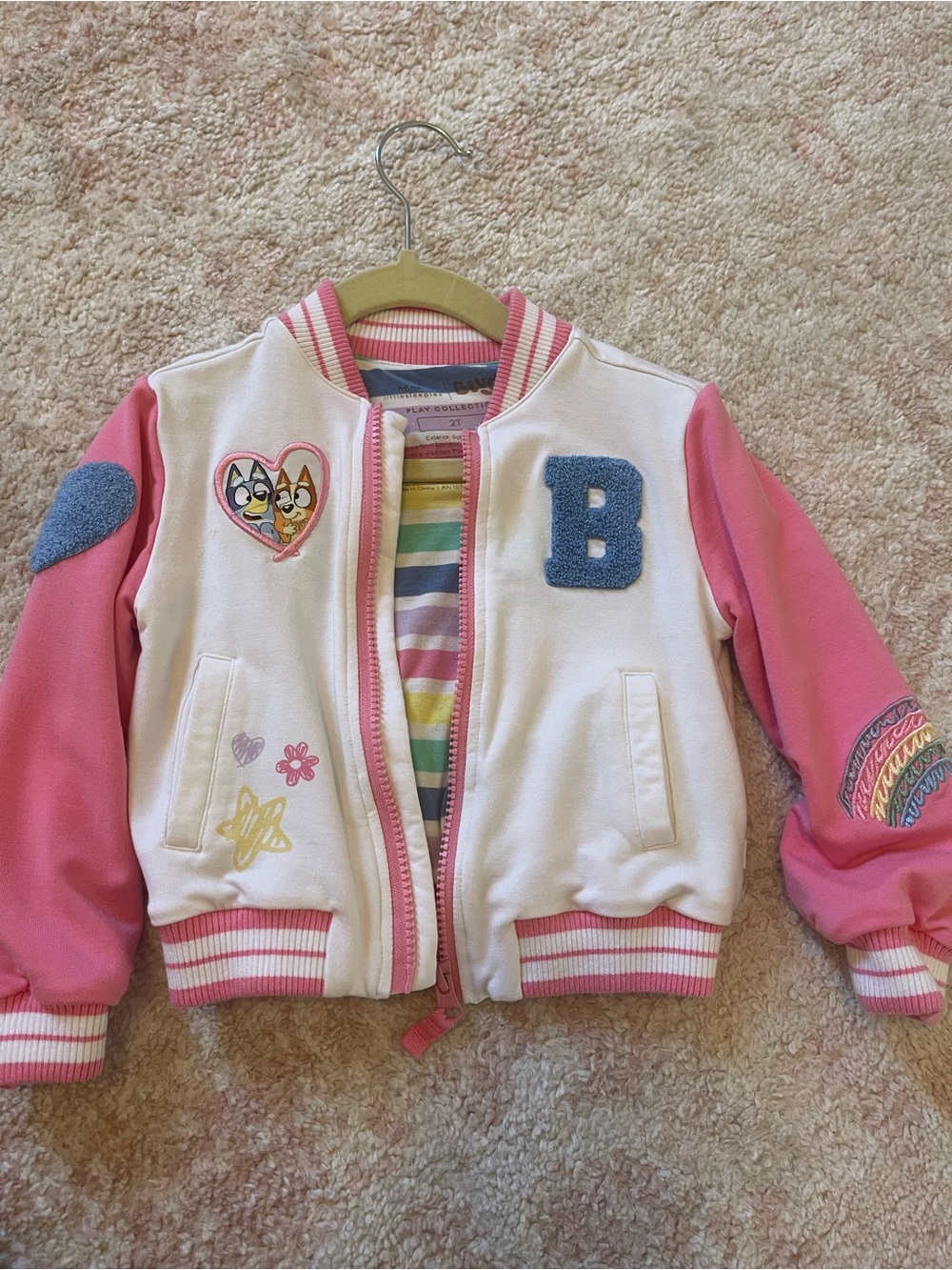 Little Sleepies Pink and White Varsity Bomber Jacket with Patches